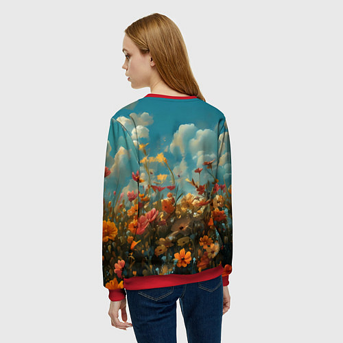 Женский свитшот Лисица в цветочном поле / 3D-Красный – фото 4