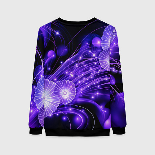 Женский свитшот Силуэты цветов на темном фоне - фиолетовое свечени / 3D-Черный – фото 2