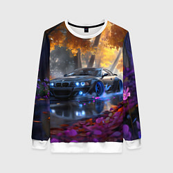 Свитшот женский BMW синие неоновые фары, цвет: 3D-белый