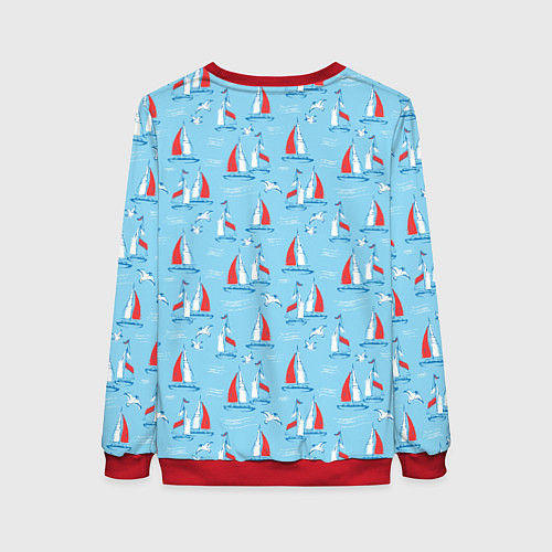 Женский свитшот Морской паттерн с парусными лодками и чайками / 3D-Красный – фото 2