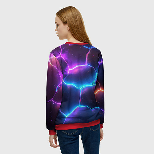Женский свитшот Синие и фиолетовые молнии в разломе / 3D-Красный – фото 4