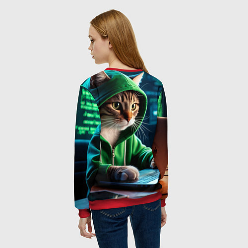 Женский свитшот Котенок хакер за ноутбуком / 3D-Красный – фото 4