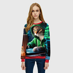 Свитшот женский Котенок хакер за ноутбуком, цвет: 3D-красный — фото 2