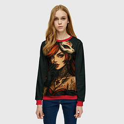 Свитшот женский Рыжая девушка с маской лисы дерзкий стиль, цвет: 3D-красный — фото 2