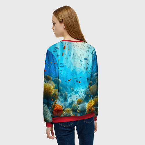 Женский свитшот Белая акула в коралловом рифе / 3D-Красный – фото 4