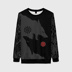 Свитшот женский Волки викингов с обережными символами - тату, цвет: 3D-черный