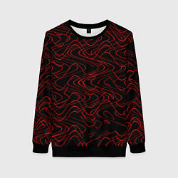 Женский свитшот Чёрный с красными волнистыми линиями абстракция