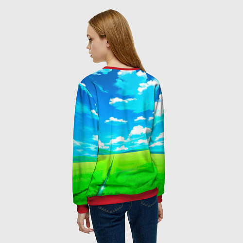 Женский свитшот Розовый заяц с мечом из морковки / 3D-Красный – фото 4