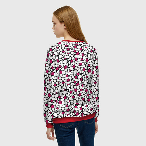 Женский свитшот Мелкий красно белый мозаичный узор на черном / 3D-Красный – фото 4