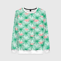 Свитшот женский Фламинго и тропики, цвет: 3D-белый