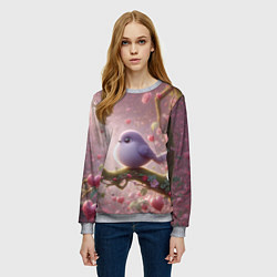 Свитшот женский Маленькая фиолетовая птица с сердечками и цветами, цвет: 3D-меланж — фото 2