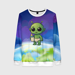 Свитшот женский Малыш инопланетянин с молоком, цвет: 3D-белый