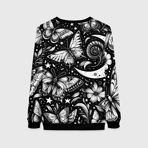 Женский свитшот Паттерн из бабочек цветов и луны - нейроарт / 3D-Черный – фото 2