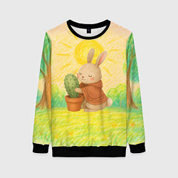 Свитшот женский Заяц обнимает кактус, цвет: 3D-черный