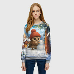 Свитшот женский Совушка в шапочке лепит снеговика, цвет: 3D-меланж — фото 2