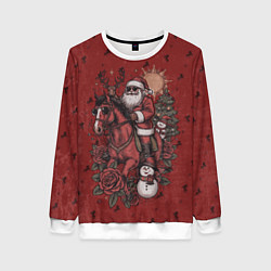 Свитшот женский Санта Клаус на красном коне верхом, цвет: 3D-белый