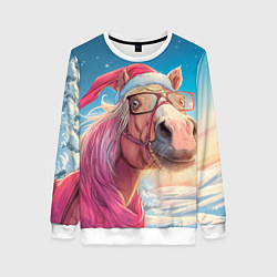 Свитшот женский Новогодняя лошадь в очках, цвет: 3D-белый