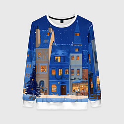 Свитшот женский Синяя новогодняя елочка во дворе, цвет: 3D-белый