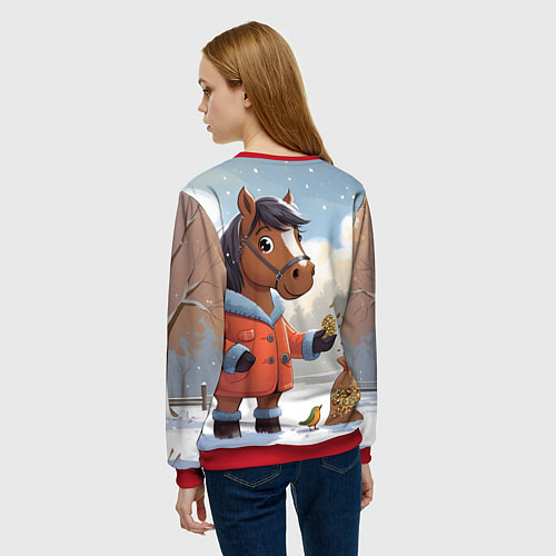 Женский свитшот Лошадка на зимней прогулке / 3D-Красный – фото 4