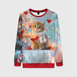 Свитшот женский Рыжий новогодний котенок с сердечком, цвет: 3D-красный