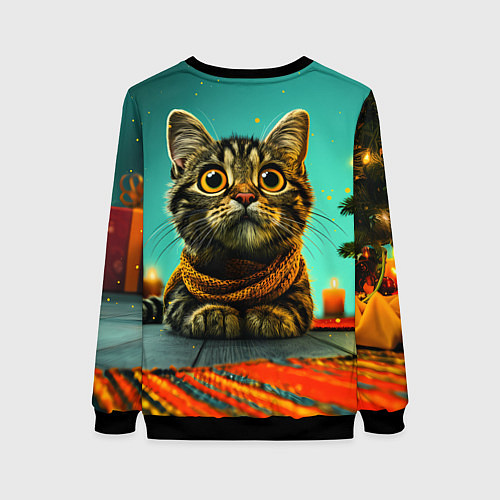 Женский свитшот Котик под елкой / 3D-Черный – фото 2