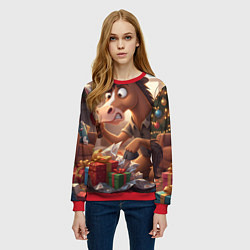 Свитшот женский Новогодний конь сыщик, цвет: 3D-красный — фото 2