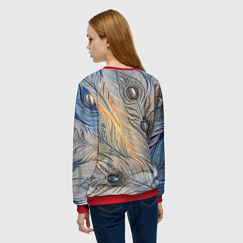 Женский свитшот Синие перья с самоцветами / 3D-Красный – фото 4
