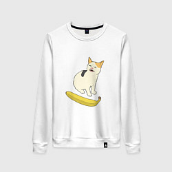 Свитшот хлопковый женский Cat no banana meme, цвет: белый