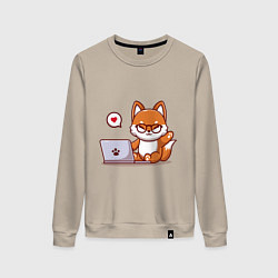Свитшот хлопковый женский Cute fox and laptop, цвет: миндальный