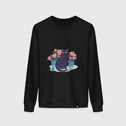 Свитшот хлопковый женский Кот, лягушка и клумба, цвет: черный