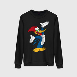 Свитшот хлопковый женский Дятел Вуди позирует, цвет: черный