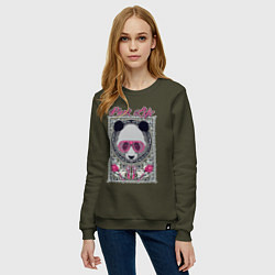 Свитшот хлопковый женский Панда в розовых очках, цвет: хаки — фото 2