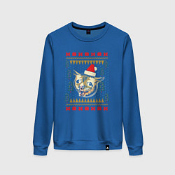 Свитшот хлопковый женский Рождественский свитер кашляющий кот, цвет: синий
