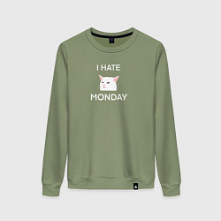 Свитшот хлопковый женский I hate monday текст с котом, цвет: авокадо