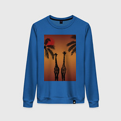 Свитшот хлопковый женский Жирафы и пальмы на закате, цвет: синий