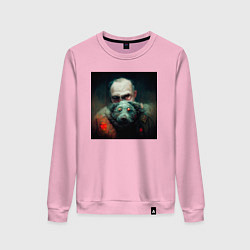 Свитшот хлопковый женский Портрет демонических дедушки и собаки, цвет: светло-розовый