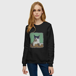 Свитшот хлопковый женский Мем - голодный кот, цвет: черный — фото 2