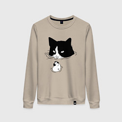 Свитшот хлопковый женский Кот сидит в воде и сторожит утёнка, цвет: миндальный