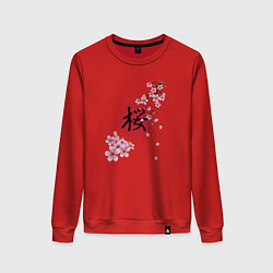 Свитшот хлопковый женский Цветущая вишня и красный круг с японским иероглифо, цвет: красный