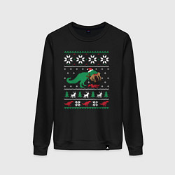 Свитшот хлопковый женский Новогодний тирекс - ugly sweater, цвет: черный