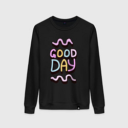 Свитшот хлопковый женский Good day надпись с кривыми линиями, цвет: черный