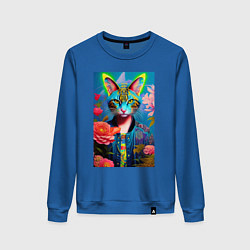Свитшот хлопковый женский Кошачья мода - нейросеть - живопись, цвет: синий