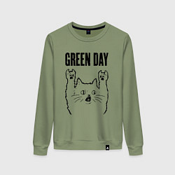 Свитшот хлопковый женский Green Day - rock cat, цвет: авокадо