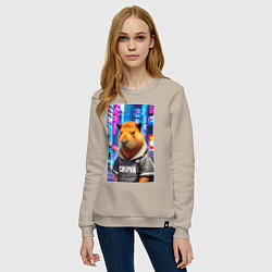 Свитшот хлопковый женский Cool capybara - urban style - neural network, цвет: миндальный — фото 2