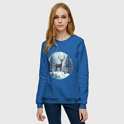 Свитшот хлопковый женский Зимняя сказка олень в лесу, цвет: синий — фото 2