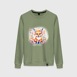 Свитшот хлопковый женский Милый большеухий лисенок сидит в цветах, цвет: авокадо