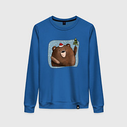 Свитшот хлопковый женский Медведь и елка, цвет: синий