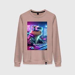 Свитшот хлопковый женский Капибара игроман - неоновое свечение, цвет: пыльно-розовый