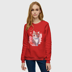 Свитшот хлопковый женский Кошка в красных сердечках, цвет: красный — фото 2
