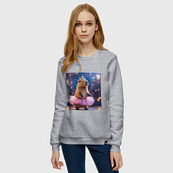 Свитшот хлопковый женский Мем капибара балерина в розовой юбочке и короне, цвет: меланж — фото 2